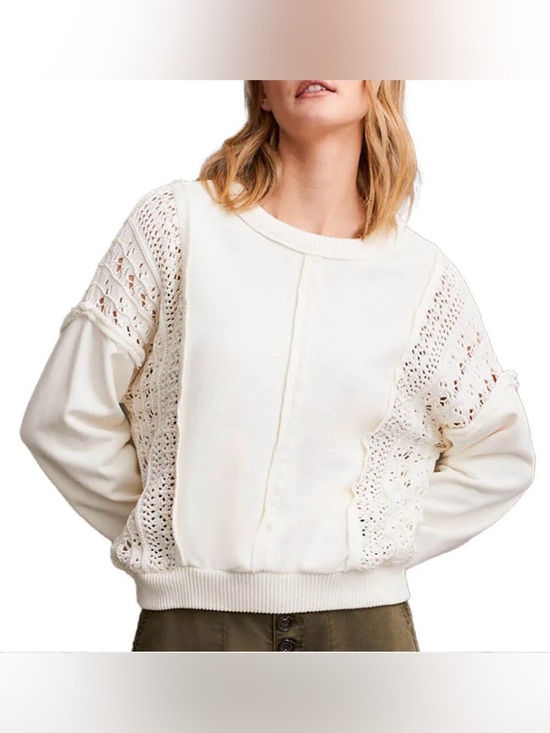 Tribal Jeans Sweaters - Tribal Jeans Cream Mixed Media Crochet Knit Detail Pullover Sweater Size XL